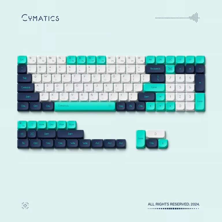 NuPhy Cymatics Bright Keycap Set – 123-Key nSA Low Profile PBT Dye-Sub | White, Navy & Teal