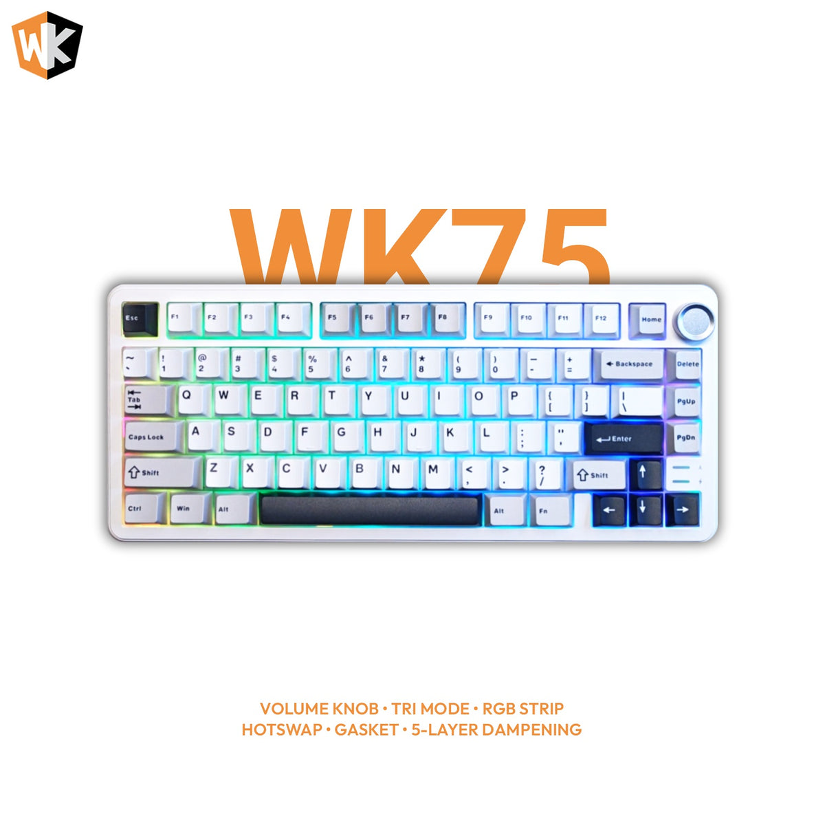 Weikav WK75 75% Wireless Mechanical Keyboard – Tri-Mode, Gasket Mount, Five-Layer Dampening & RGB Frame | Moon White Linear