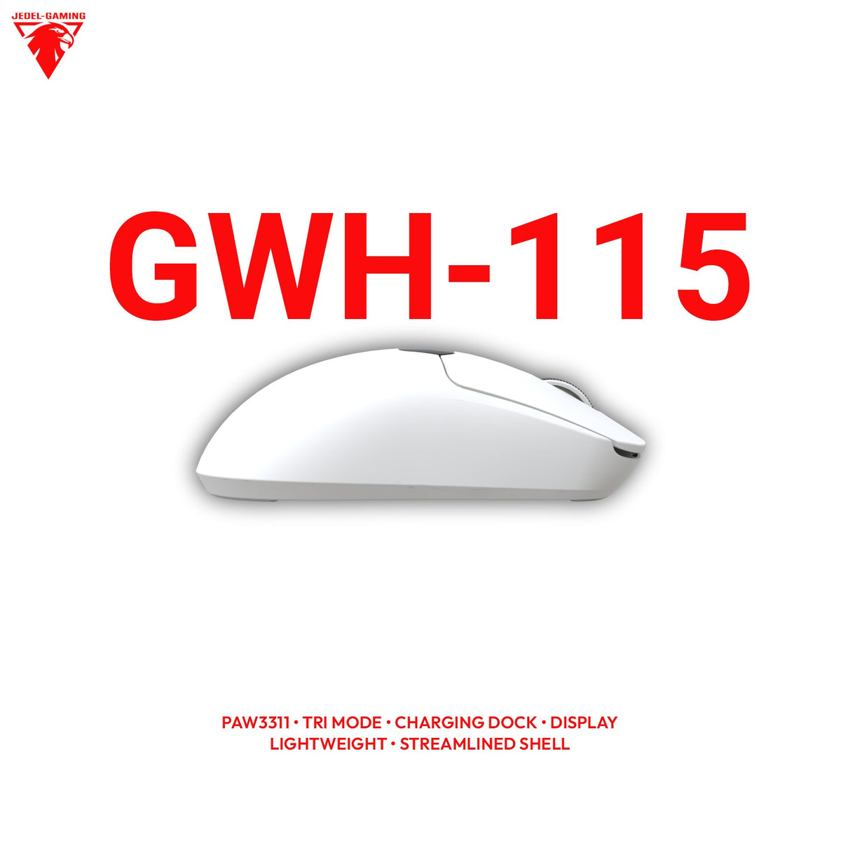 Jedel GWH-115 Wireless Gaming Mouse – Streamlined Shell, On-Board DPI Display & RGB Charging Dock | PAW3311