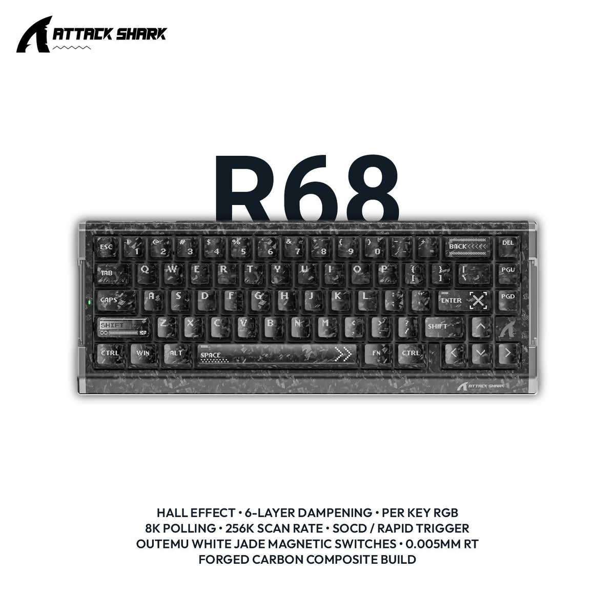 Attack Shark R68 65% Hall Effect Keyboard – Wired, Forged Carbon Fiber, 0.005mm Rapid Trigger & 8K Polling | Snap Tap