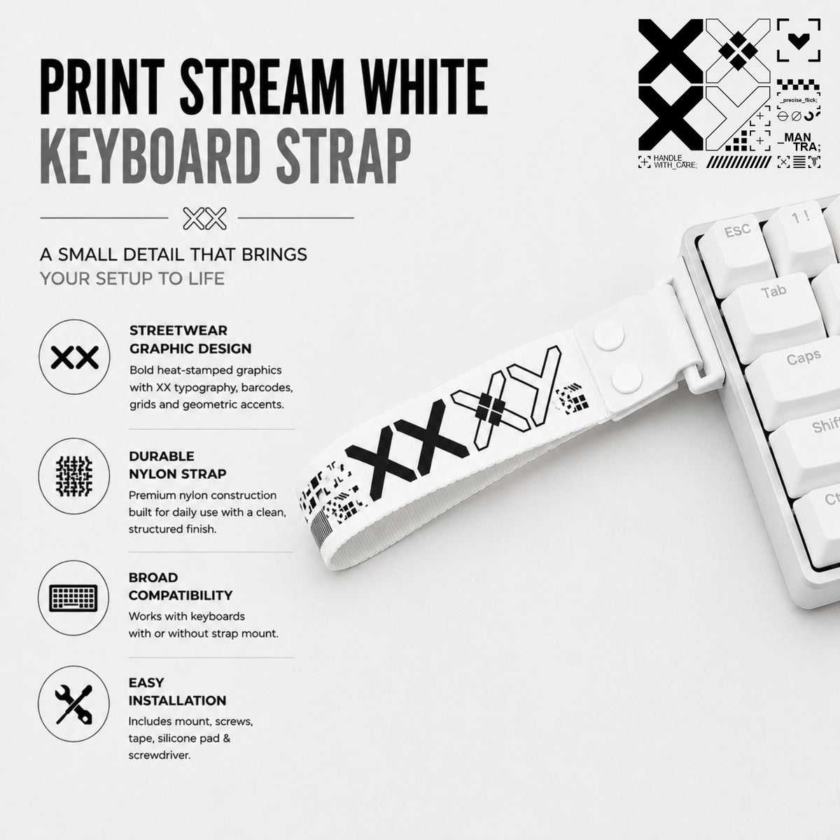 Print Stream White Keyboard Strap – Heat-Stamped Nylon Graphic Strap with Full Mount Kit
