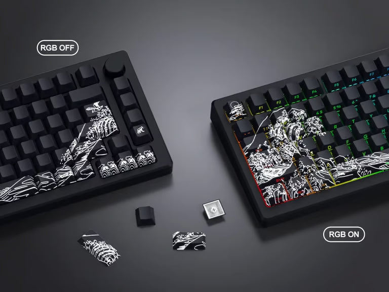 Ukiyo-e Wave Side-Printed Keycap Set – Cherry Profile, Shine-Through, Black & White | PBT Dye-Sub