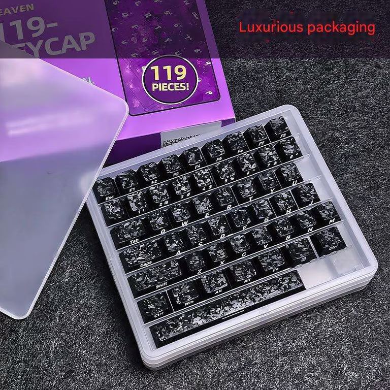 Carbon Fiber Texture Keycap Set – 119-Key OEM Profile PC Keycaps, White Legends | All Black