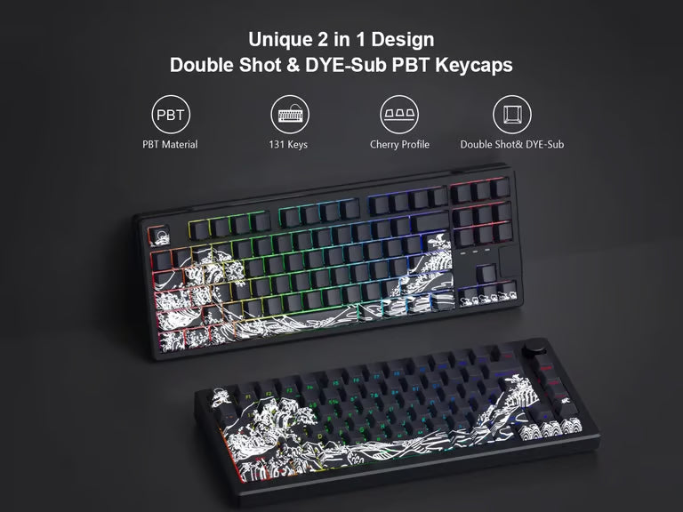 Ukiyo-e Wave Side-Printed Keycap Set – Cherry Profile, Shine-Through, Black & White | PBT Dye-Sub
