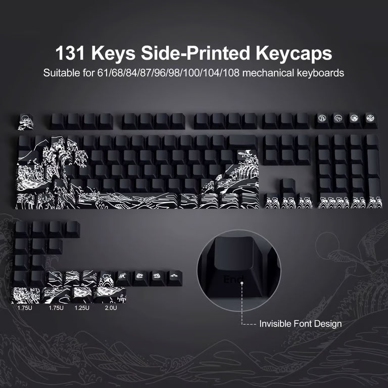 Ukiyo-e Wave Side-Printed Keycap Set – Cherry Profile, Shine-Through, Black & White | PBT Dye-Sub