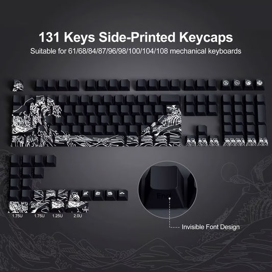 Ukiyo-e Wave Side-Printed Keycap Set – Cherry Profile, Shine-Through, Black & White | PBT Dye-Sub