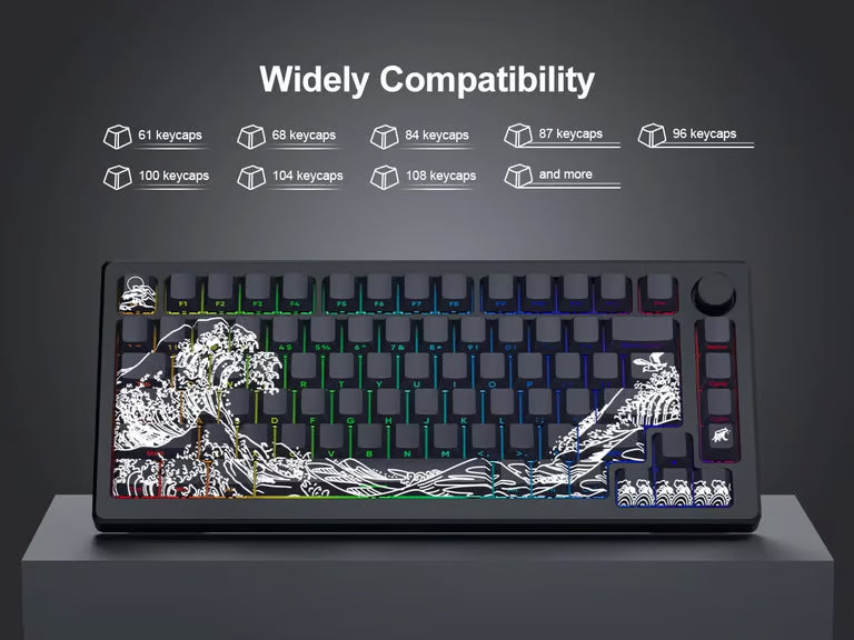 Ukiyo-e Wave Side-Printed Keycap Set – Cherry Profile, Shine-Through, Black & White | PBT Dye-Sub