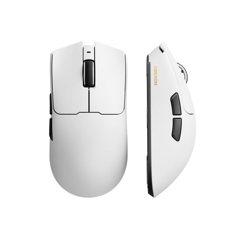 A white ergonomic wireless gaming mouse shown from two angles: a top-down view on the left and a side profile view on the right. The mouse features black scroll and side buttons, with the brand name 'Eweadn' printed in gold on the side.
