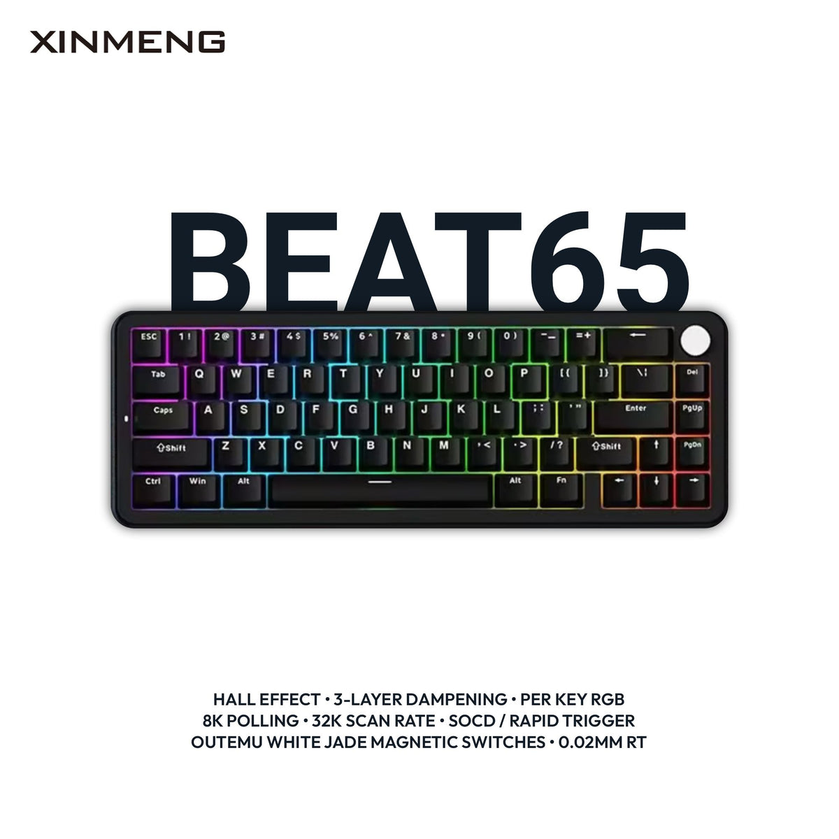 Xinmeng Beat65 65% Hall Effect Keyboard – Wired, Knob, Rapid Trigger & 8K Polling | White Jade Magnetic