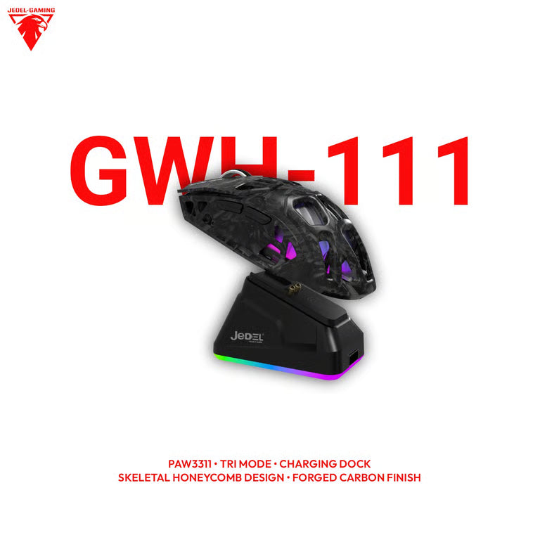 Jedel GWH-111 Wireless Gaming Mouse – Tri-Mode, RGB Charging Dock, Skeletal Carbon Finish | PAW3311