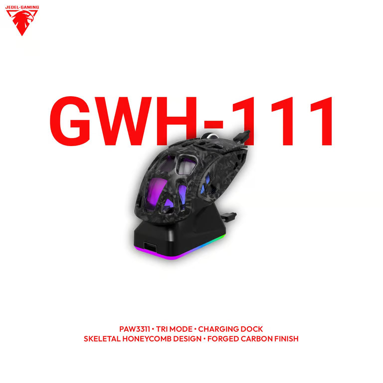 Jedel GWH-111 Wireless Gaming Mouse – Tri-Mode, RGB Charging Dock, Skeletal Carbon Finish | PAW3311