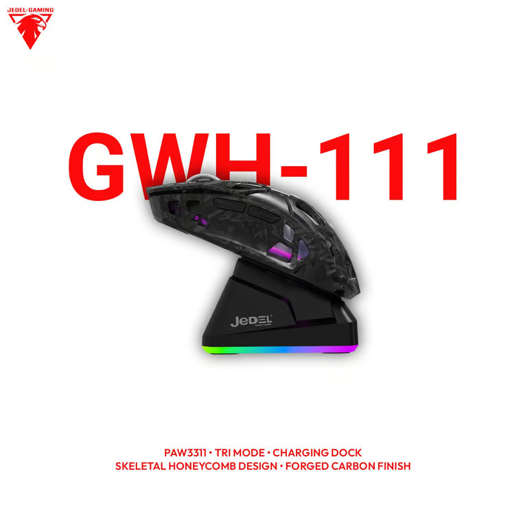 Jedel GWH-111 Wireless Gaming Mouse – Tri-Mode, RGB Charging Dock, Skeletal Carbon Finish | PAW3311