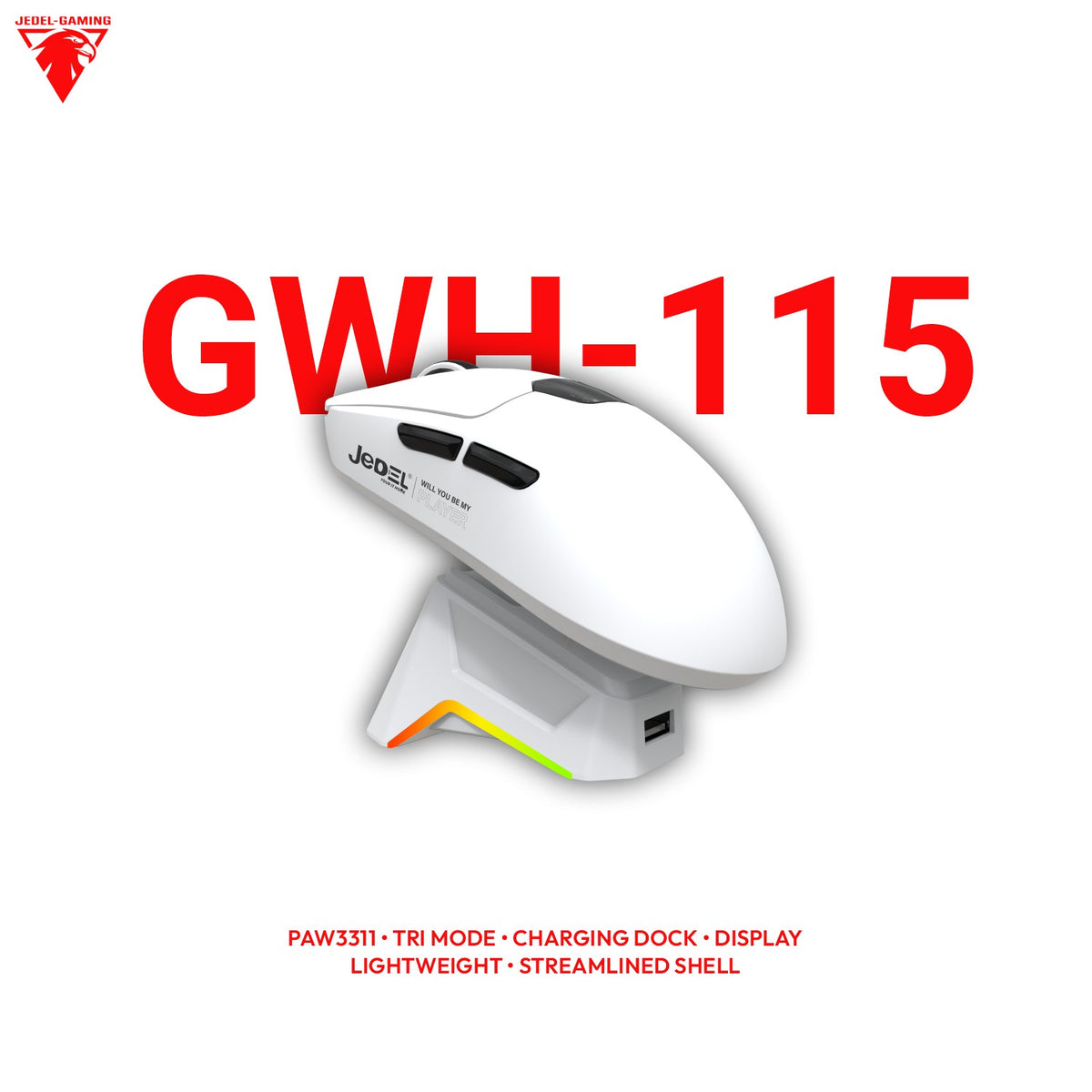 Jedel GWH-115 Wireless Gaming Mouse – Streamlined Shell, On-Board DPI Display & RGB Charging Dock | PAW3311