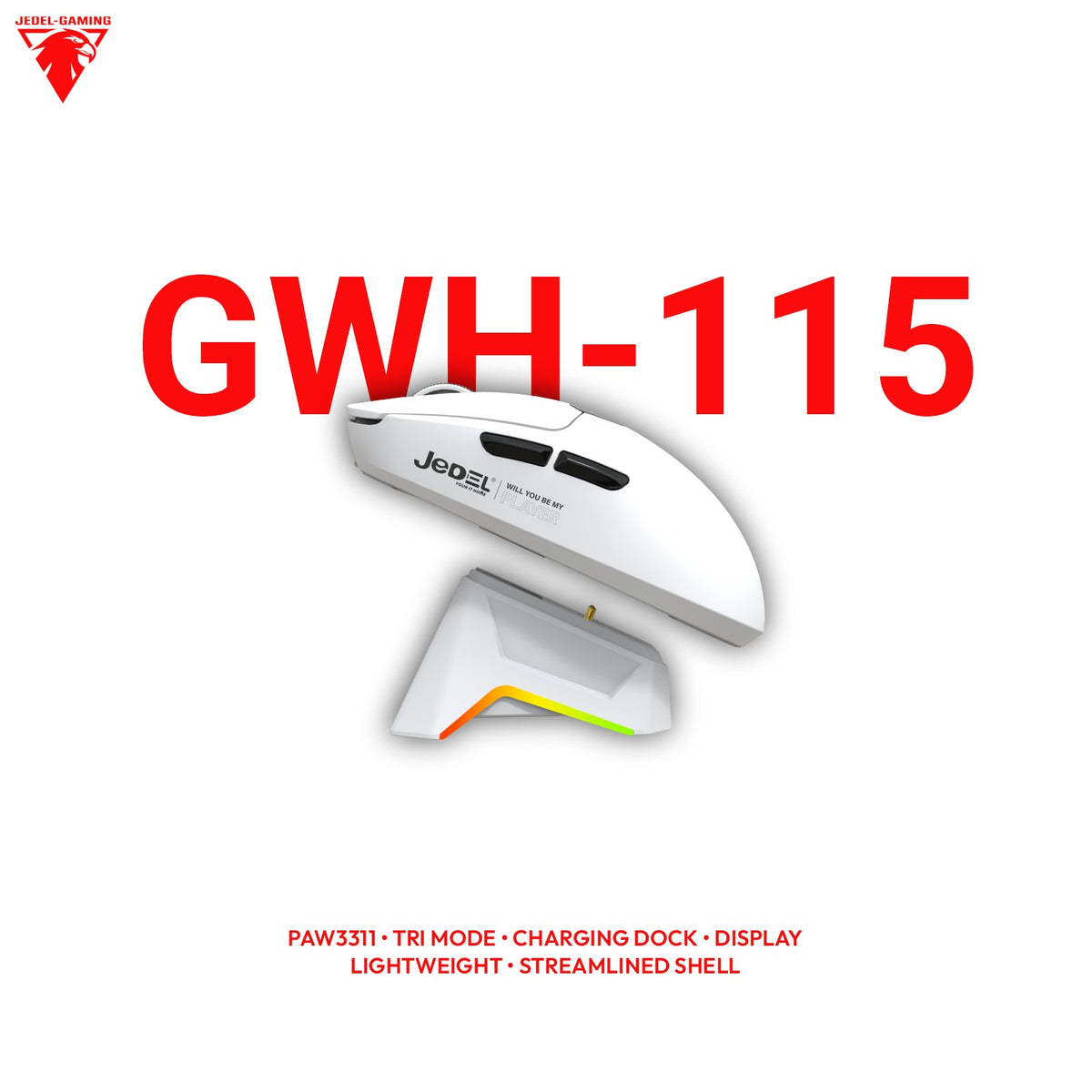 Jedel GWH-115 Wireless Gaming Mouse – Streamlined Shell, On-Board DPI Display & RGB Charging Dock | PAW3311