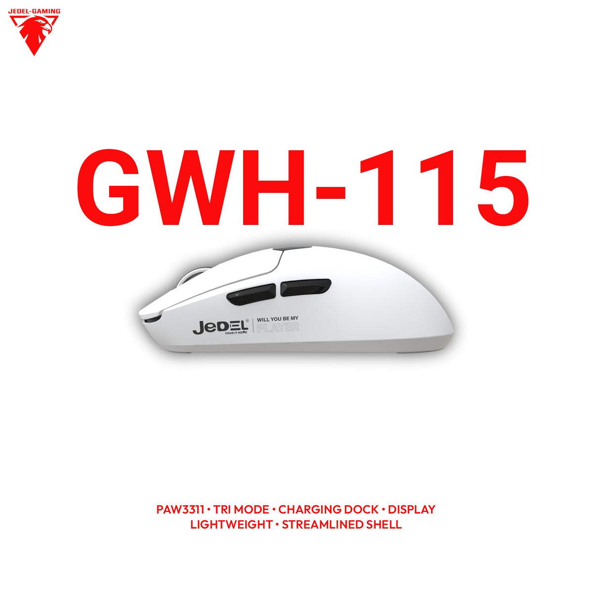 Jedel GWH-115 Wireless Gaming Mouse – Streamlined Shell, On-Board DPI Display & RGB Charging Dock | PAW3311