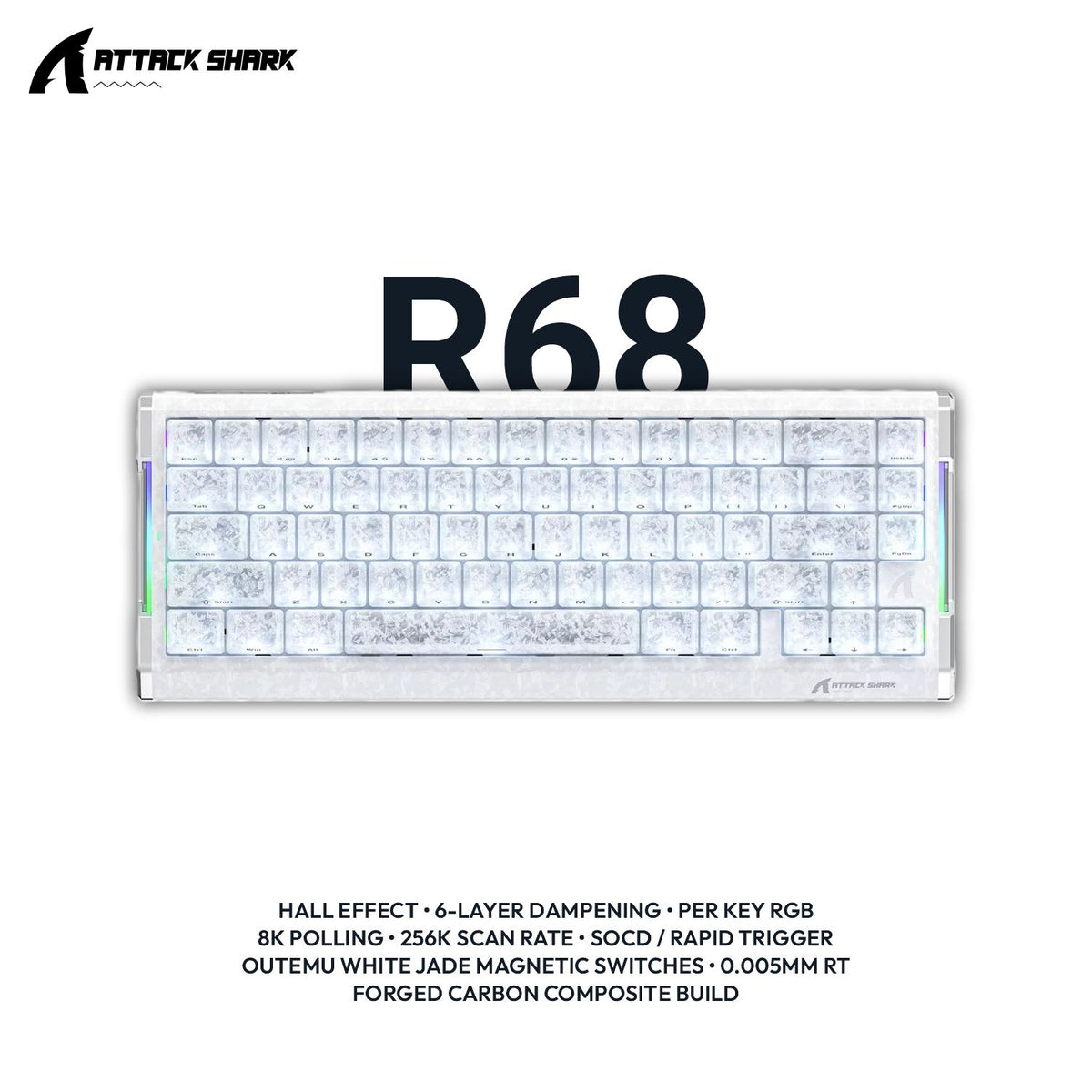 Attack Shark R68 65% Hall Effect Keyboard – Wired, Forged Carbon Fiber, 0.005mm Rapid Trigger & 8K Polling | Snap Tap