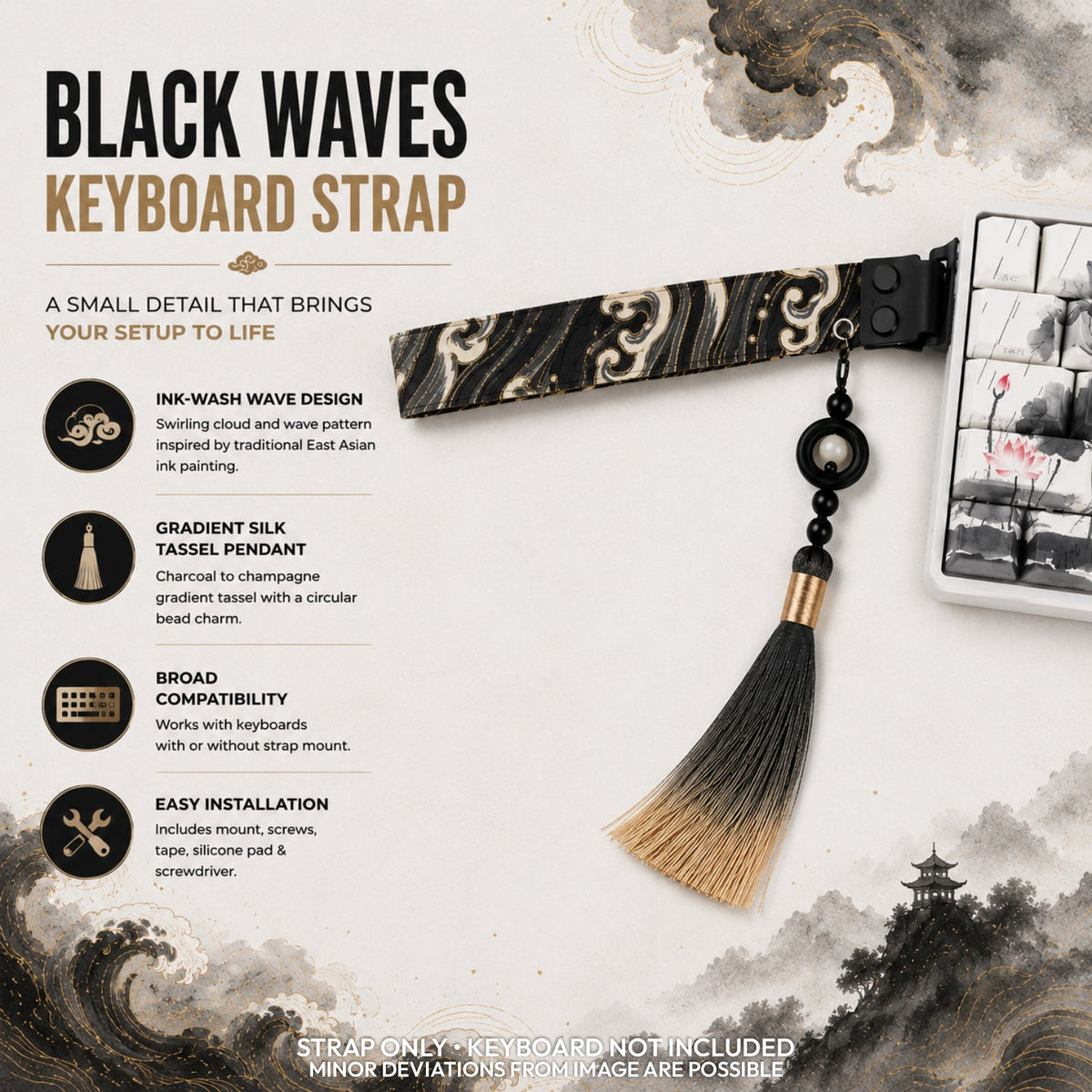 Black Waves Keyboard Strap – Ink-Wash Fabric Strap with Gradient Silk Tassel & Full Mount Kit