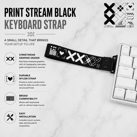 Print Stream Black Keyboard Strap – Heat-Stamped Nylon Graphic Strap with Full Mount Kit